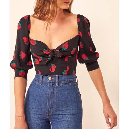 Blouses Women Casual 2021 Fashion Sweetheart Neck Tie Bow Strawberry Print Blouse Back Smocked Slim Fitted Puff Sleeve Crop Top