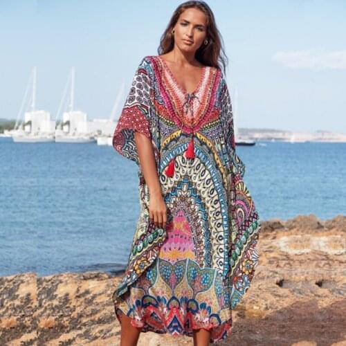 2021 Quick-drying Bohemian Printed Loose Summer Beach Dress Moroccan Kaftan Women Plus Size Beachwear Tassel Midi Dress