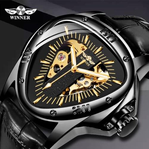 Winner Brand Hollow Leather Strap Automatic Mechanical Men Clock Racing Sports Design Triangle Dial Skeleton Wrist Watches