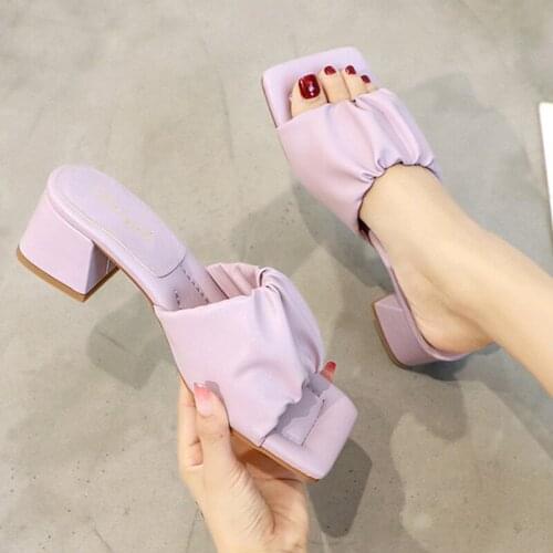 Net Celebrity pleated solid slingback women sandals thick high heels shoes women slippers slip on open toe femmes sandalias 2020