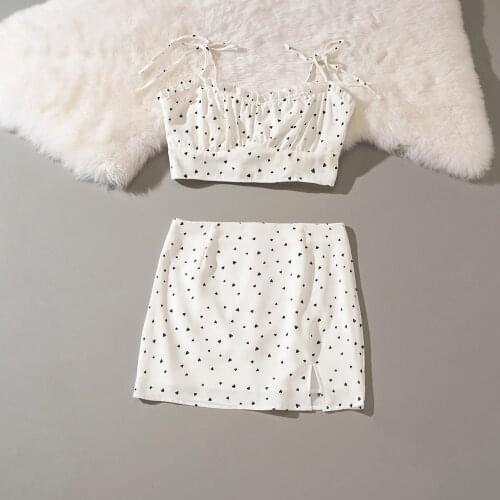 Cthink Good Quality Fashion Heart Dot Print Crop Top Two Piece Set Women Sexy Slim Mini Skirt And Short Strapless Top For Woman