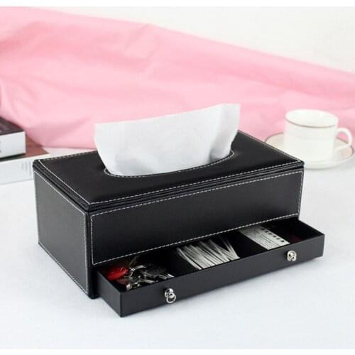Wooden struction leather rectangle tissue box holder napkin box toilet paper holder dispenser case with drawer brown 241B