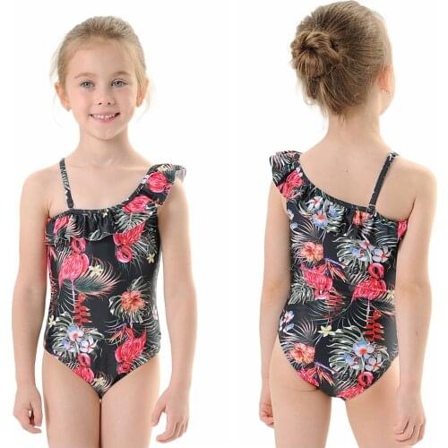 Little Girls One-piece Floral Swimsuit Children Kids Summer Cute Flamingo Plant Printing Flouncing Swimwear for Vacation Travel