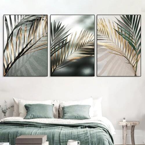 Canvas Painting Golden Palm Leaf Plant Nordic Modern Wall Art Pictures Prints and Posters Home Room Decor (No Frame)