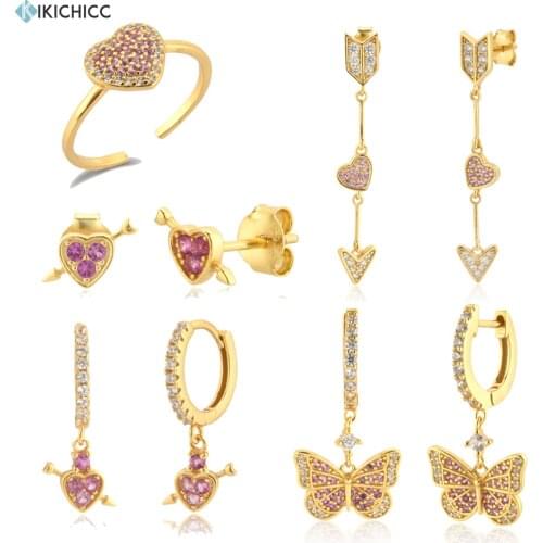 KIKICHICC 925 Sterling Silver 2021 Heart Clear Pave Pink Luxury Valentiens Gift Drop Earring Stud Piercing Ring Jewelry Set
