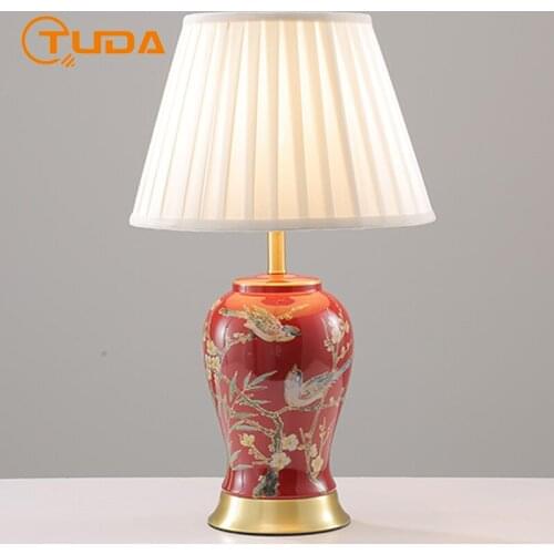 TUDA Chinese American Vintage Flower and Bird Ceramic Table Lamp for Bedroom Living Room Bedside Lamp Red Wedding Lamp