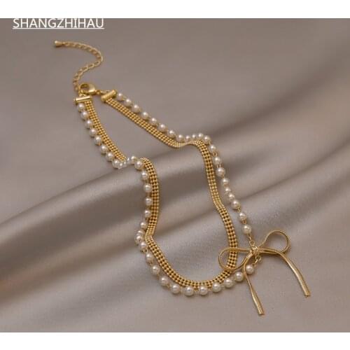SHANGZHIHUA Classic Metal Bow Pendant Luxury Pearl Necklace for Women with Double Style Unusual Jewelry Gift Accessories