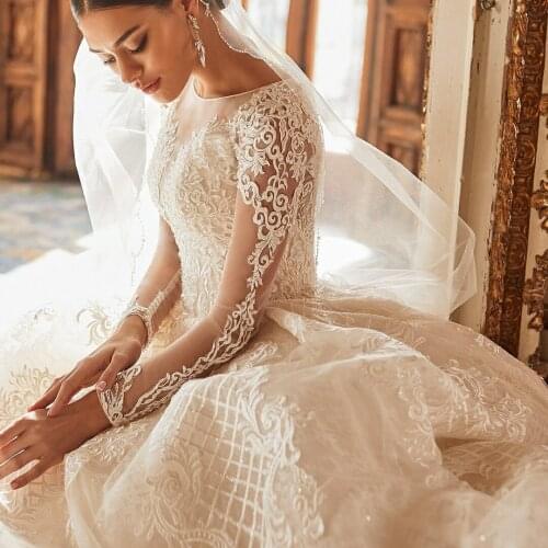 Vintage A Line Wedding Dresses Sheer Long Sleeve Lace Appliques Bridal Gowns with Veil Tulle Garden vestido de novia