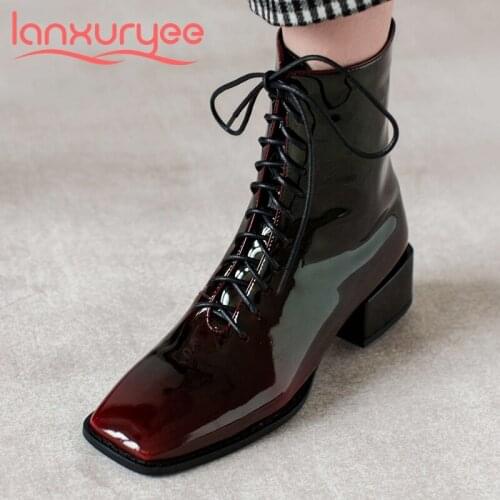 Lanxuryee large size square toe med heel Chelsea boots British style beauty lady daily wear cross-tied classic ankle boots L32