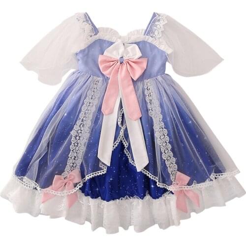 Baby Girls Summer Lace Flare Sleeve Vintage Lolita Princess Ball Gown Dress for Girl Birthday Dress with Big Bow 4-9Y