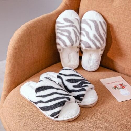 Fashionable Plush Zebra Stripe Warm, Waterproof and Antiskid Indoor Womens Cotton Slippers