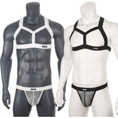 Set Men Body Chest Harness Elastic Shoulder Strap Mesh Thong G String Jockstrap Stage Costume Clubwear Sexy Muscle Bondage