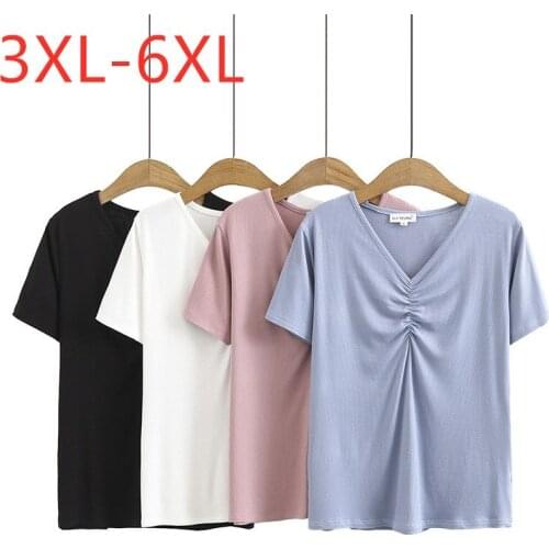 New 2021 Ladies Summer Plus Size Tops For Women Large Short Sleeve Slim Ruffle Blue Elastic Knit V-neck T-shirt 3XL 4XL 5XL 6XL