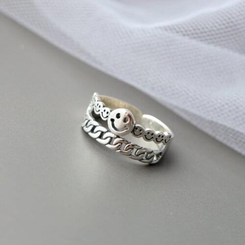 Authentic 925 Sterling Silver Tail Ring Handmade Creative Minimalist Design Fashion Smiling Face Open Adjustable Rings