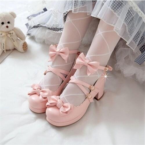 PXELENA Japanese Sweet Girls Lolita Mary Janes Shoes Med Heels Butterfly-knot Cosplay Uniform Party Dress Wedding Pumps Bride 48