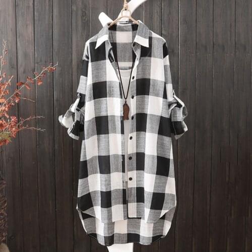 Plus Size Button Drown Blouse Women Vintage Plaid Print Casual Tunic Shirt O-neck Turn-down Collar Casual Blouse Блузка Женская