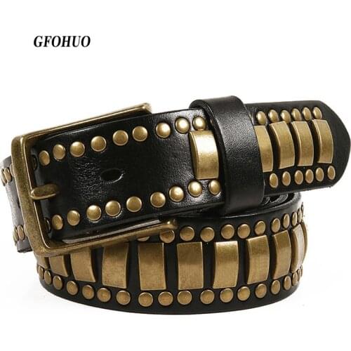 Punk Rock Belts Geometry Pattern for Men for Women Rivet Studded Belts First Layer of Cowskin Hip Pop Decorative Belts