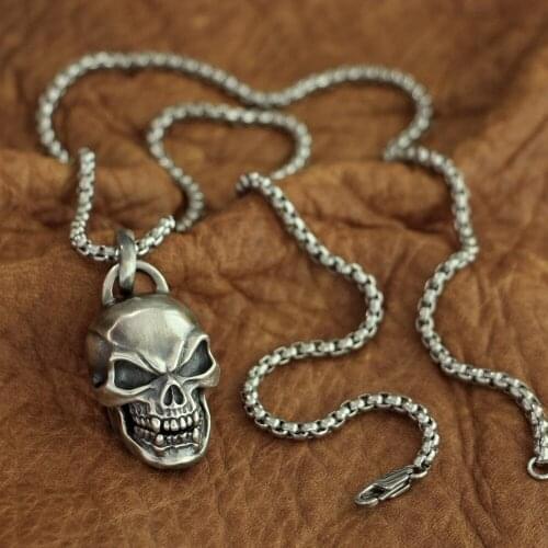 Handmade Skull Pendant 925 Sterling Silver Mens Biker Pendant TA91 with Stainless Steel Necklace 26 inches