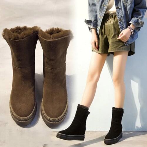 Womens Snow Boots Genuine Leather Hidden Heel Ladies Boot Winter Plush Woman Mid-Calf Boots Slip on Women Winter Boot Snow Shoe