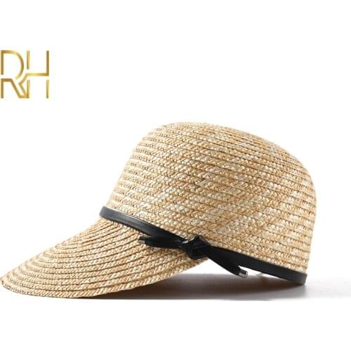 RH New Women Visor Sun Hats Female Wide Brim Wheat Straw Summer Casual Shade Beach Cap Fashion Leather Bow Sun Hats