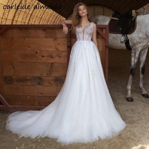 Vestido de noiva A-Line Soft Tulle V-Neck Boho Wedding Dress 2021 Beaded Court Train Bride Dress