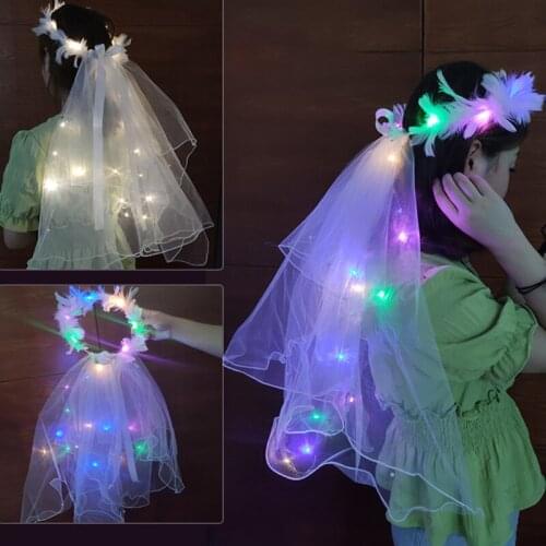 Glowing Yarn Ribbon Bow Headdress Feather Wreath Headwear Long Lace Veil with LED Lights Prom Wedding Party Headpiece