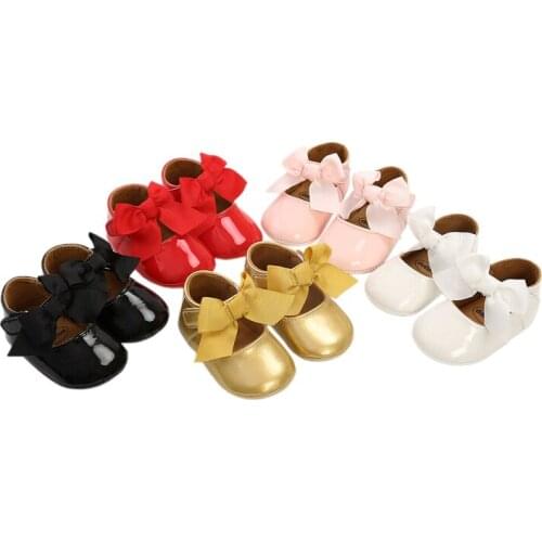 Wallarenear 0-18M Baby Girl Baptism Shoes Soft Sole Princess Dress Mary Jane Flats Cute Ribbon Bow Non-Slip Infant Crib Shoes