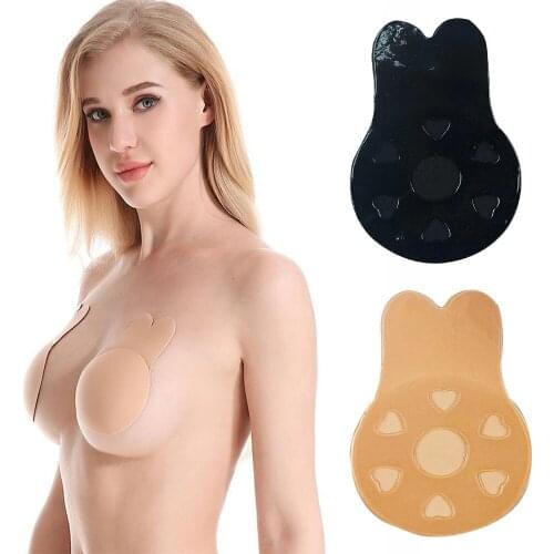 2pcs 2020 Women Nipple Adhesive Bras Lifting Cute Rabbit Shape Chest Stickers Bra Lift Strapless Backless Bra Black and Nude