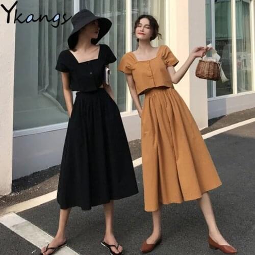 WomenS vintage 2pcs Sets French Short Sleeved Top + High Waist Long A-Line Pleated Skirt Female Summer Black Suit For Students