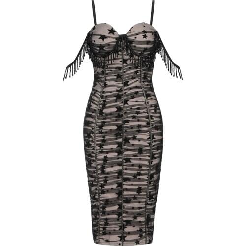 Party Women V Neck Backless Sexy Bandage Dress Beading Straps Sleeveless Mesh Dresses 2021 New Arrival Clothing