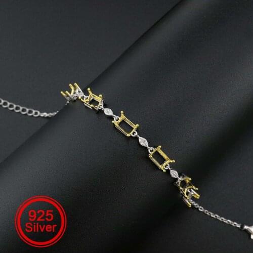 1Pcs 4x6MM Rectangle Prong Bezel Bracelet Settings 6 Stones Luxury Gold Plated Solid 925 Sterling Silver Tray 1900252
