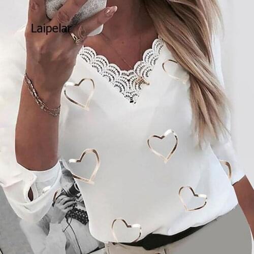 Women Fashion Heart Print V-Neck Blouse Shirts 2021 Spring Casual Long Sleeve Button Pullover Tops Ladies Sexy Loose Lace