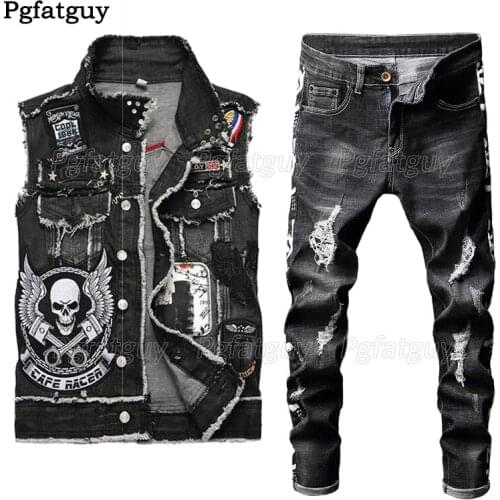 Retro Black Mens Jeans Sets New Slim Embroidery Skull Denim Vest + Hole Stretch Printed Pants Motorcycle and Biker 2 Piece Set
