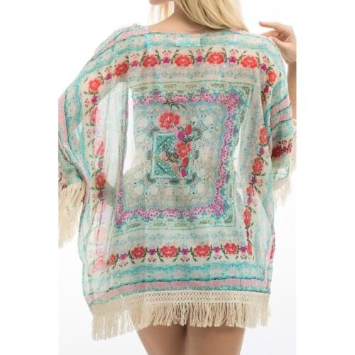 Hirigin Women Ladies Summer New Boho Hippie Tassels Shawl Top Floral Kimono Loose Blouse Cape Cardigan blouse women femme