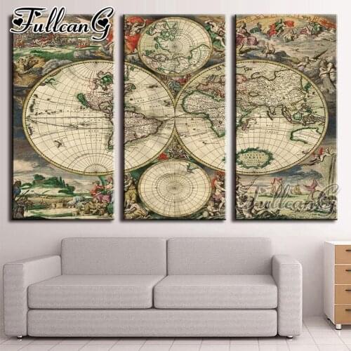 FULLCANG diy Vintage world map full square round drill large triptych 5d diamond painting mosaic embroidery kit decor FC2374