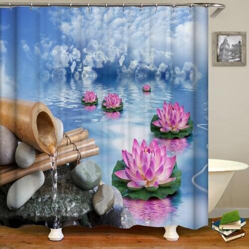 Beautiful natural landscape, lotus, green forest, pink dream, shower curtain, waterproof, bathroom decoration, home furnishing