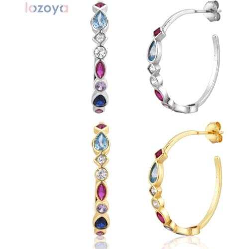 LOZOYA 925 Sterling Silver Big Hoops 25mm Luxury Colorful Rainbow Circle Fashion Fine Jewelry Cross Rock Punk Jewelry CZ