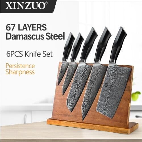 XINZUO 6 PCS Best Kitchen Knives Sets With Excellent Acacia Wood BlocK Super Sharp Japanese Damascus Steel Knives Set G10 Handle