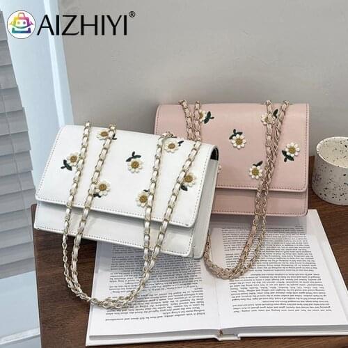 Fashion Women Flower Printing PU Leather Shoulder Crossbody Messenger Bag Casual Ladies Chain Small Flap Purse Handbags
