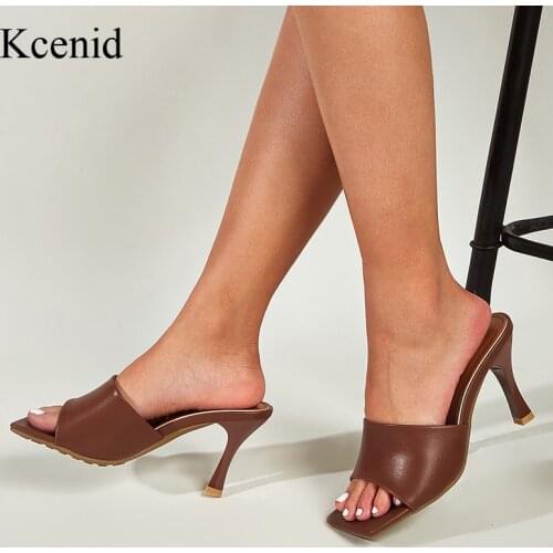 Kcenid New Summer Womens Mules Slippers Vintage Square Toe Thin High Heels Sandals Ladies Slides Shoes Brown Black Size 35-41
