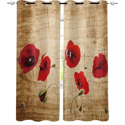 Red Poppy Flower Retro Window Curtains for Living Room Bedroom Kitchen Modern Curtains Home Decoration Drapes Blinds