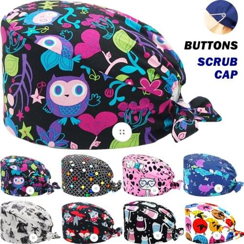 Wholesale 100% Cotton Scrub Cap with Buttons Anime Printing Scrubs Caps Beauty Salon Pet Shop Working Accessories Scrub Hat