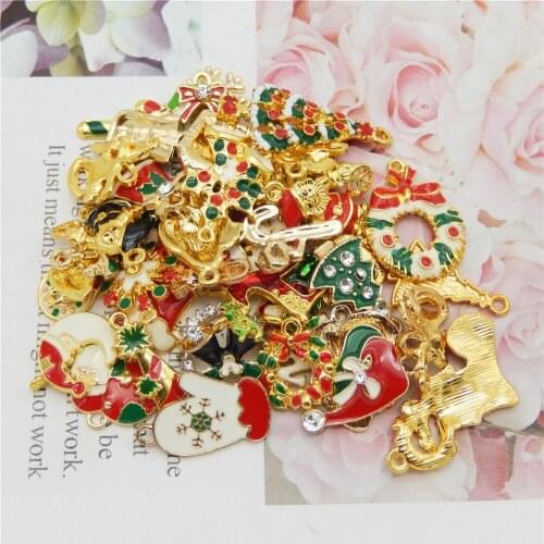 Julie Wang 10PCS Christmas Stocking Tree Charms Bell Santa Claus Enamel Pendant Jewelry Making Xmas Home Decor Accessory