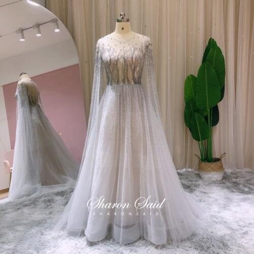 Luxury Silver Beaded Dubai Evening Dresses with Cape Sleeves Gold Arabic Formal Gowns Elegant Women Long Pink Prom Party Dresses