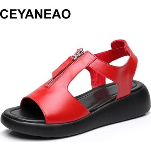 CEYANEAONew Fish Mouth Genuine Leather Sandals Women Sandals PlusSize Summer Fashion Sandals Comfortable Soft Women CasualSandal