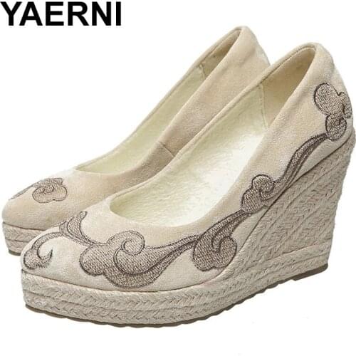 YAERNI 2021 Princess Suede Wedge Single Shoes Womens Printed Embroidery Espadrilles Spring Autumn New Sandals High Heels