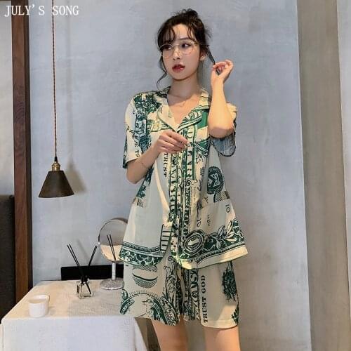 JULYS SONG 2021 New Faux Slik Womens Pajamas Sets Female Sleepwear Casual Dollar Printed Comfortable Homewear Ladies Nightwear
