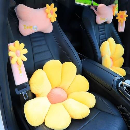 Car Head Neck Pillow Cute Headrest Plush Cartoon Flower Daisy Waist Supports Seat Rest Back Lumbar Women