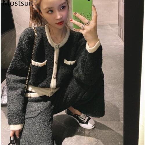 2019 Winter Loop Yarn Vintage Women 2 Piece Sets Short Cardigan + Pants Skirt Suits Elegant Fashion Ladies 2 Pcs Set White Black