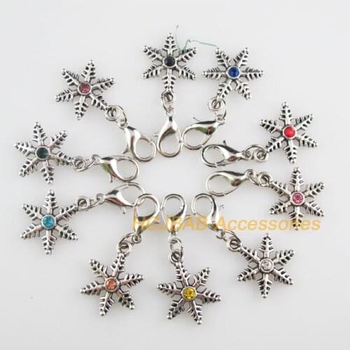 10 New Snowflake 13.5x18mm Charms Mixed Round Crystal Tibetan Silver Plated Retro With Lobster Claw Clasps
